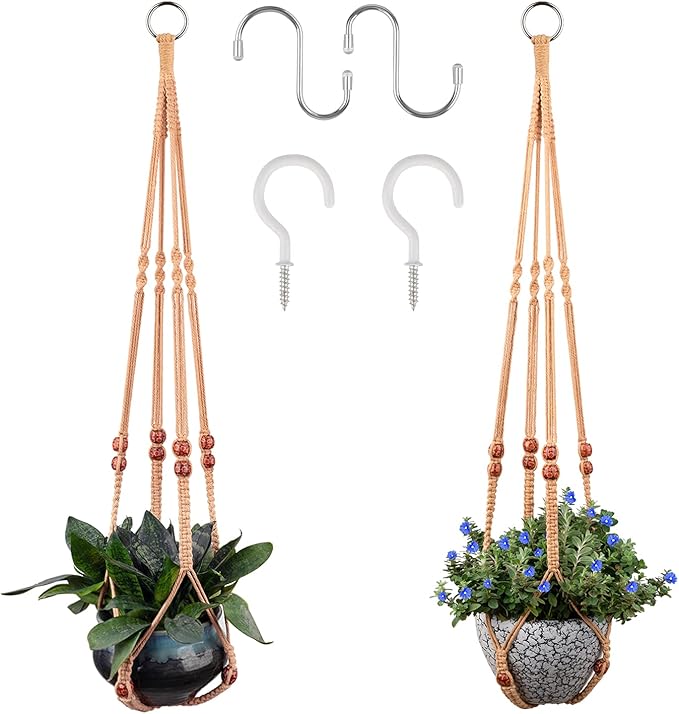 Macrame Plant Hanger for 5 to 10 Inch Plant Pots, Set of 2 Indoor Handmade 35 Inch Woven Rope Hanger Kits with Hooks and Wood Beads, Hanging Planter Basket Holder for Boho Home Decor (Brown, 2 Pack)-BloomoryGarden