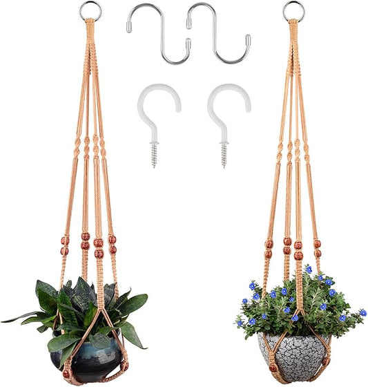 Macrame Plant Hanger for 5 to 10 Inch Plant Pots, Set of 2 Indoor Handmade 35 Inch Woven Rope Hanger Kits with Hooks and Wood Beads, Hanging Planter Basket Holder for Boho Home Decor (Brown, 2 Pack)-BloomoryGarden