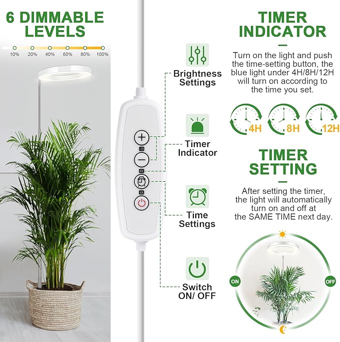 LORDEM Grow Light for Indoor Plants, 7.9" Full Spectrum LED Plant Grow Light, Height Adjustable Growing Lamp with Auto Timer 4H/8H/12H, 6 Dimmable Levels, Ideal for Indoor Large Tall Plants Growth-BloomoryGarden