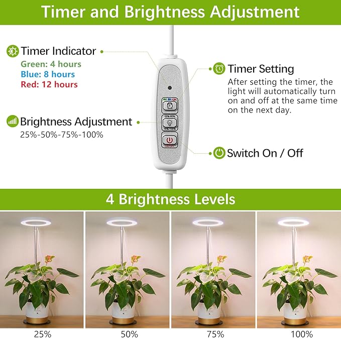 LORDEM Grow Light, LED Plant Light for Indoor Plants Growing, Full Spectrum Desk Growth Lamp with Automatic Timer for 4H/8H/12H, 4 Dimmable Levels, Height Adjustable 9.8"-30.6", Pack of 2-BloomoryGarden