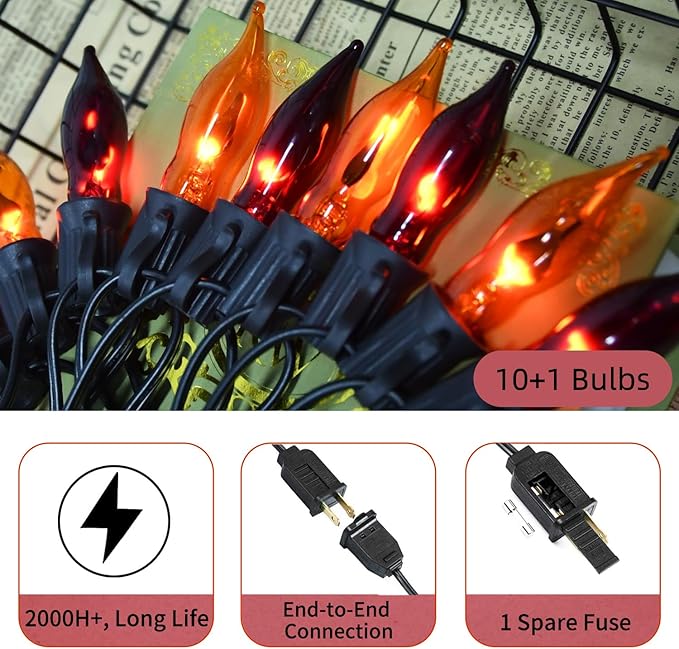 12.8Ft Halloween Decorations - Indoor/Outdoor Flickering Flame String Lights, Orange & Purple, 12 Pack C7 Flame Lights Bulbs-BloomoryGarden