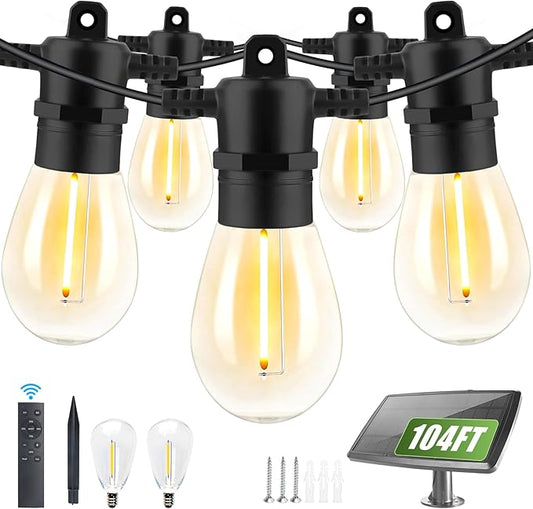104FT(98+6) Solar String Lights Outdoor Waterproof, Solar Powered Patio Light with 30+2 Dimmable S14 Edison Bulbs Shatterproof & Remote Control, Solar String Lights for Outside Garden Backyard-BloomoryGarden