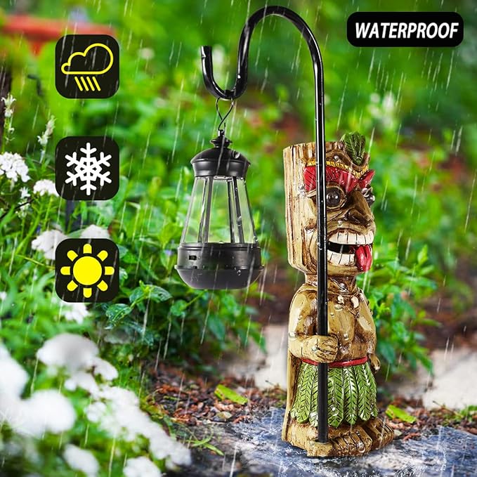 16.7" H Tiki Decor Garden Statue,Large Lantern Tiki Figurine with Solar Lights,Hawaiian Tiki Man Outdoor Patio Yard Lawn Bar Party Beach Pool Pond Halloween Christmas Decoration Ornament Gifts-BloomoryGarden