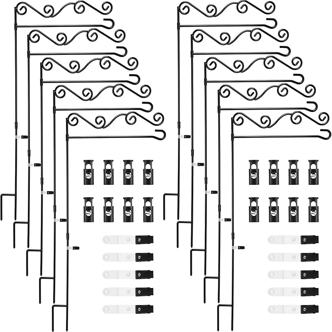 10 Pack Garden Flag Stand with Flag Stoppers and Clips, Black Powder Coated Weather Proof Garden Flag Pole Holder for Outdoor Garden Flag (Stylish Style, 15.75 x 36.22 Inch)-BloomoryGarden
