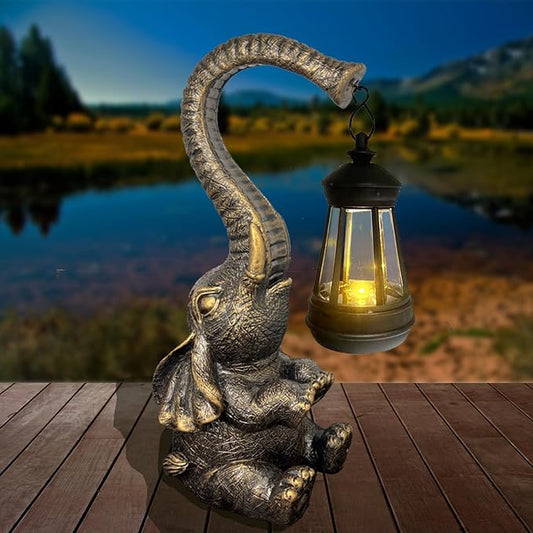 10.6 Inch Statue Elephant with Solar Outdoor Lights for Garden Decor，Lucky Present with Appeal For Birthdays(Man and Women and family)， Unique Housewarming Presents and Yard Decoration. (black)-BloomoryGarden