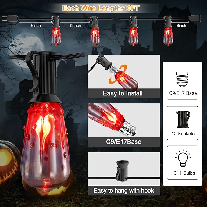 10FT Halloween String Lights Outdoor with 11 ST40 Flame Bulbs (1 Spare), Plug in Halloween Flaming Blood Drop Light Strings UL Listed for Patio, Backyard, Halloween, Party Decoration, E17 Base-BloomoryGarden