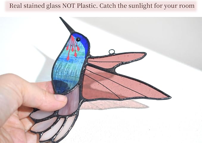 Lolitarcrafts Stained Glass Hummingbird Window Hangings with Flowers, Bird Stained Glass Suncatcher for Window Decor Hummingbird Gifts for Mom,Bird Lovers (Blue B)-BloomoryGarden
