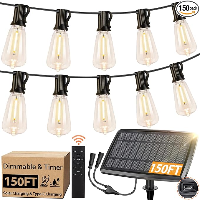 150FT Solar String Lights for Outside, Solar Powered Patio Lights with 52 Shatterproof ST38 Edison Bulbs & Remote Control,Dimmable LED Solar String Lights for Outside Waterproof-BloomoryGarden