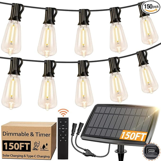 150FT Solar String Lights for Outside, Solar Powered Patio Lights with 52 Shatterproof ST38 Edison Bulbs & Remote Control,Dimmable LED Solar String Lights for Outside Waterproof-BloomoryGarden