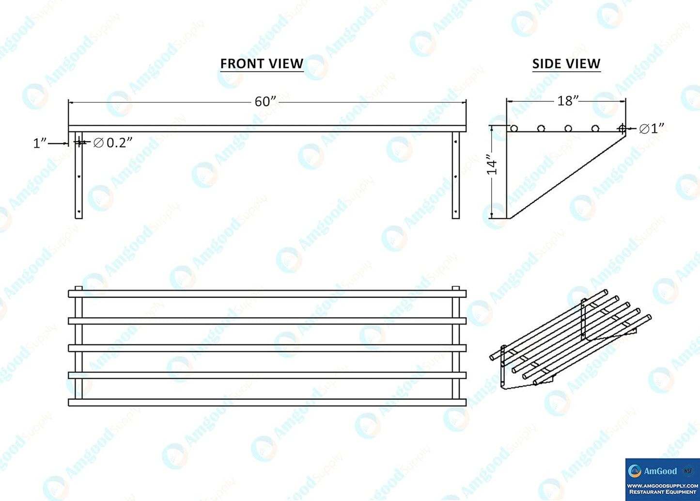 AmGood 18 in. x 60 in. NSF Stainless Steel Tubular Wall Shelf | Heavy-Duty Metal Shelving for Appliances & Equipment | Ideal for Kitchen, Restaurant, Garage, Laundry, Utility Room-BloomoryGarden