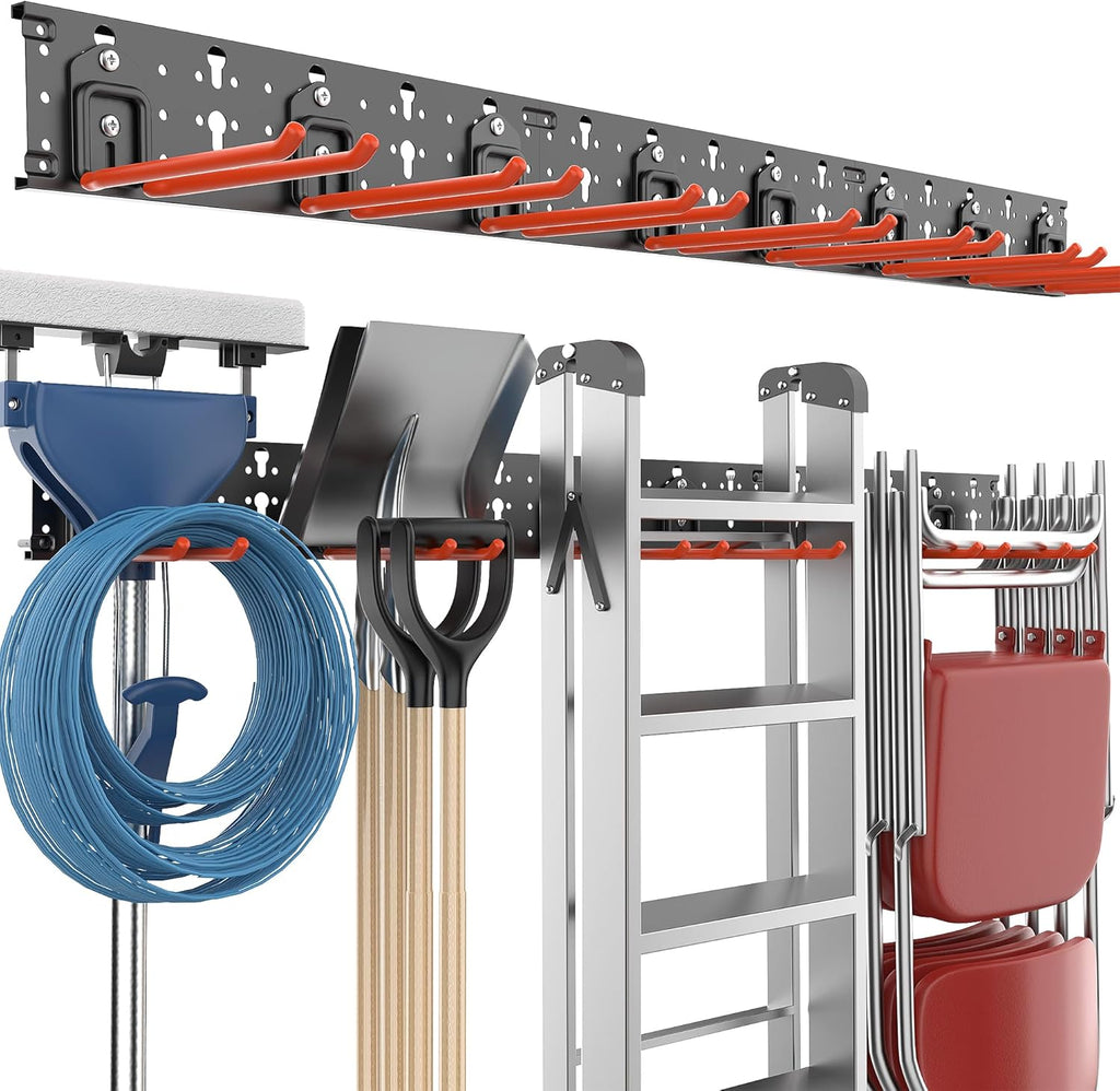 EVERHANGER Garage Tool Storage Organizer Wall Mount, Versatile Garden Tool Rack Organization, Folding Chair Hangers with 8 Multifunctional Hooks, Max Load 330lb, 48inch-BloomoryGarden