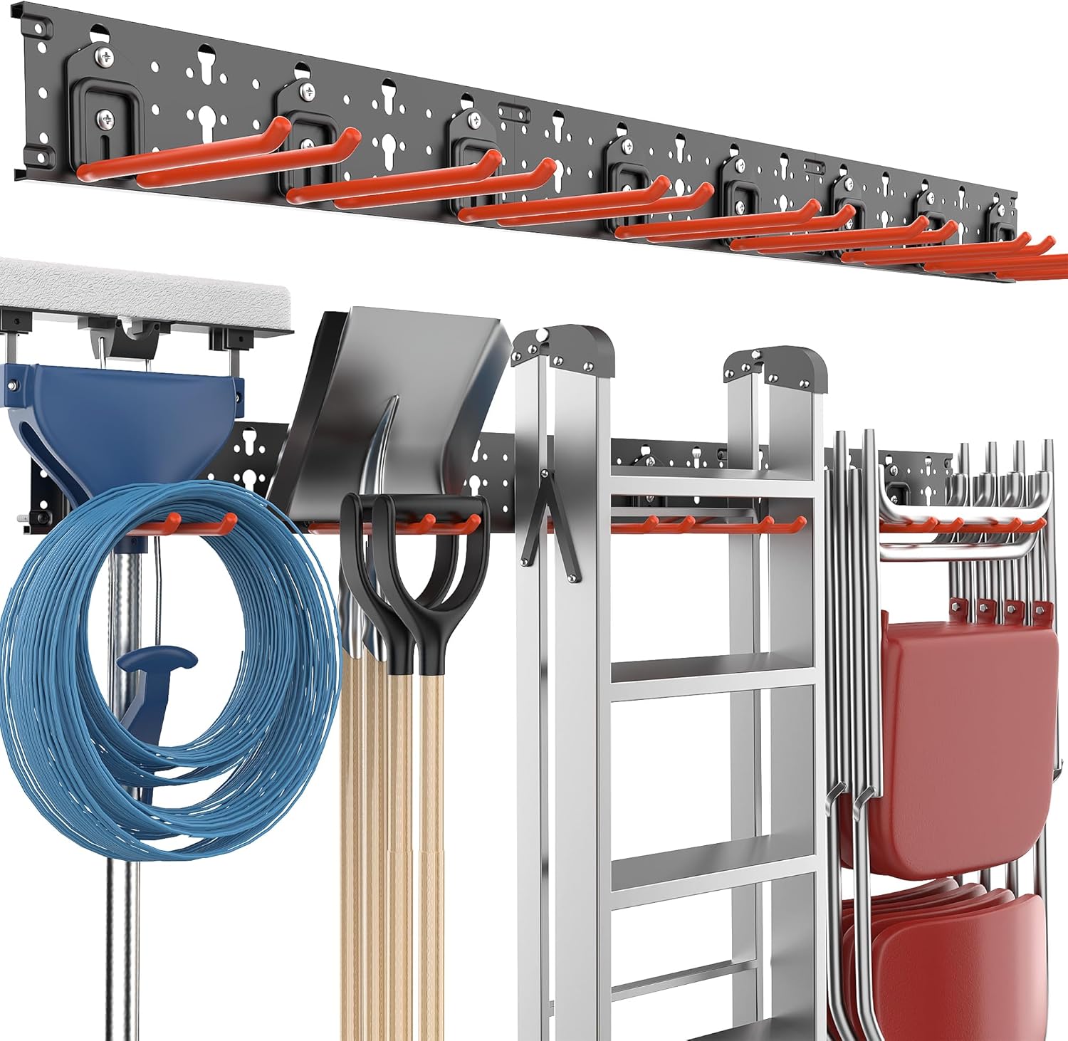 EVERHANGER Garage Tool Storage Organizer Wall Mount, Versatile Garden Tool Rack Organization, Folding Chair Hangers with 8 Multifunctional Hooks, Max Load 330lb, 48inch-BloomoryGarden