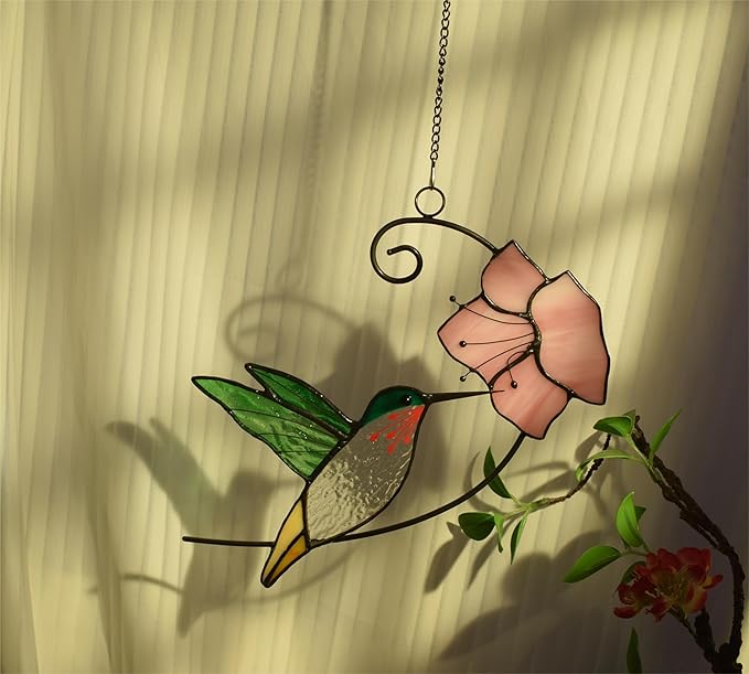 Lolitarcrafts Hummingbird with Flower Stained Glass Suncatcher Bird Stained Glass Window Hangings Hummingbird Gift for Home Decor (Green with Flower)-BloomoryGarden