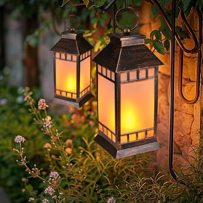 18'' Glass Solar Lantern Outdoor Waterproof, Large Hanging Solar Lanterns with Flickering Flame Lights, Metal Outdoor Lantern Decorative for Patio Garden Backyard Tabletop, Vintage Bronze-BloomoryGarden