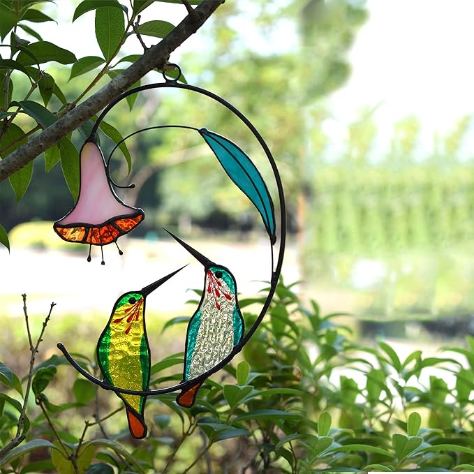 Lolitarcrafts Hummingbird with Flower Stained Glass Suncatcher Bird Stained Glass Window Hangings Hummingbird Gift for Home Decor (Green 1 Pair)-BloomoryGarden