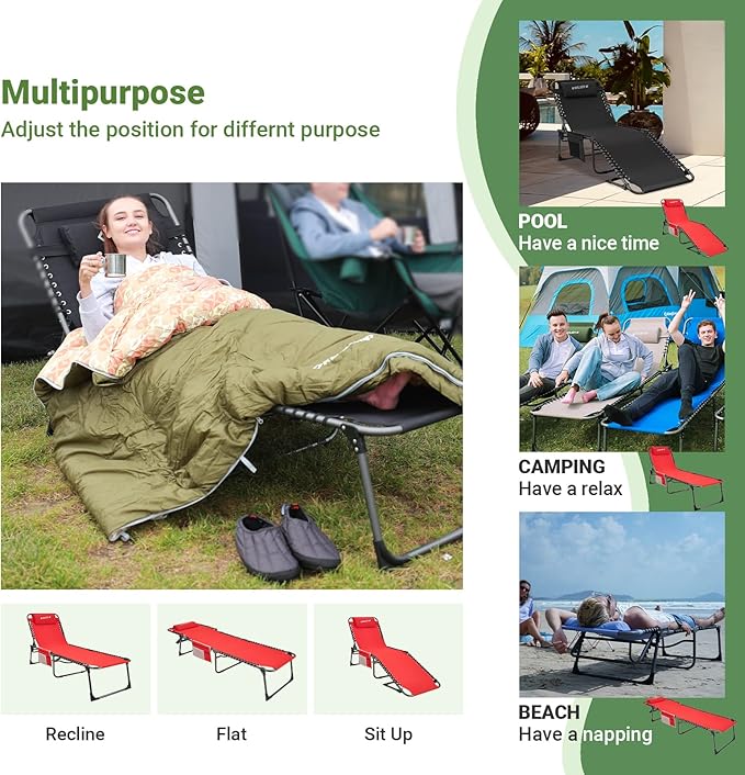 #WEJOY Outdoor Folding Chaise Lounge Chair for Outside, Patio, Beach, Poolside, Sunbathing, Adjustable 5-Position Reclining Chairs, Heavy Duty Camping Cot with Shoulder Strap and Pillow, Red-BloomoryGarden