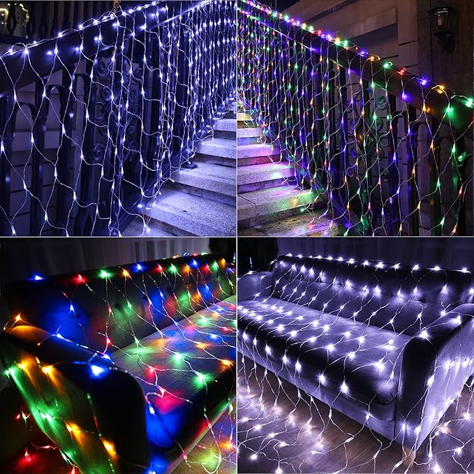 LYHOPE 12ft x 5ft 360 LED Christmas Net Lights, 11 Modes 30V Christmas Net Lights, Clear White-Multi Color Changing Mesh Decorative Net Lights for Xmas Tree Bush Wedding Garden Outdoor Indoor Decor-BloomoryGarden