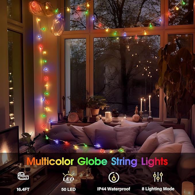 16.4ft 50LED Globe String Lights Indoor Bedroom Battery Operated, Crystal Fairy Light IP44 Waterproof Outdoor Hanging Decorative Lights for Home Tent Patio Garden Party Wedding Decor-BloomoryGarden