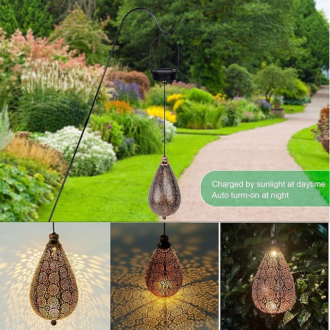 MAGGIFT 2 Pack Solar Hanging Lights, Solar Powered Decorative Retro Lantern with Handle, Warm White LED Christmas Garden Boho Flower Lights, Metal Drop Shape Waterproof Outdoor Yard Tree Fence Patio-BloomoryGarden
