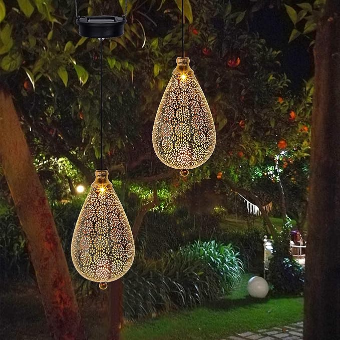 MAGGIFT 2 Pack Solar Hanging Lights, Solar Powered Decorative Retro Lantern with Handle, Warm White LED Christmas Garden Boho Flower Lights, Metal Drop Shape Waterproof Outdoor Yard Tree Fence Patio-BloomoryGarden