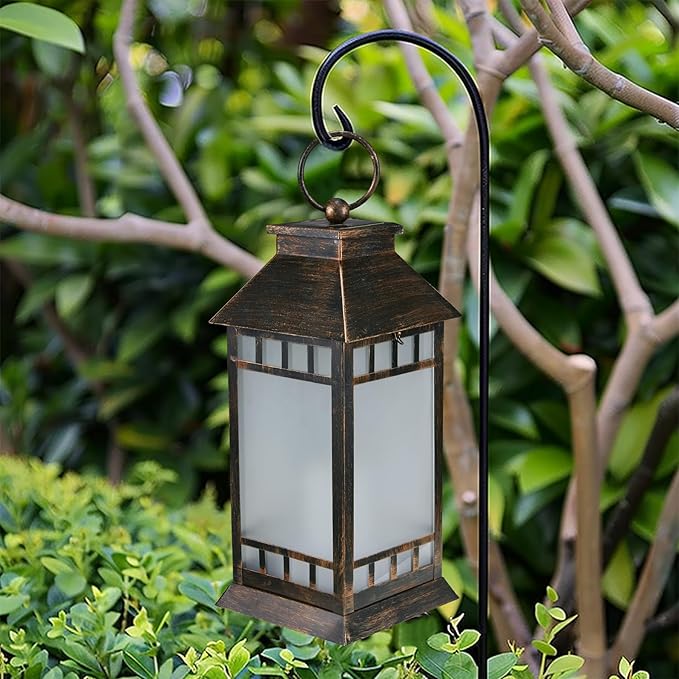 18'' Glass Solar Lantern Outdoor Waterproof, Large Hanging Solar Lanterns with Flickering Flame Lights, Metal Outdoor Lantern Decorative for Patio Garden Backyard Tabletop, Vintage Bronze-BloomoryGarden