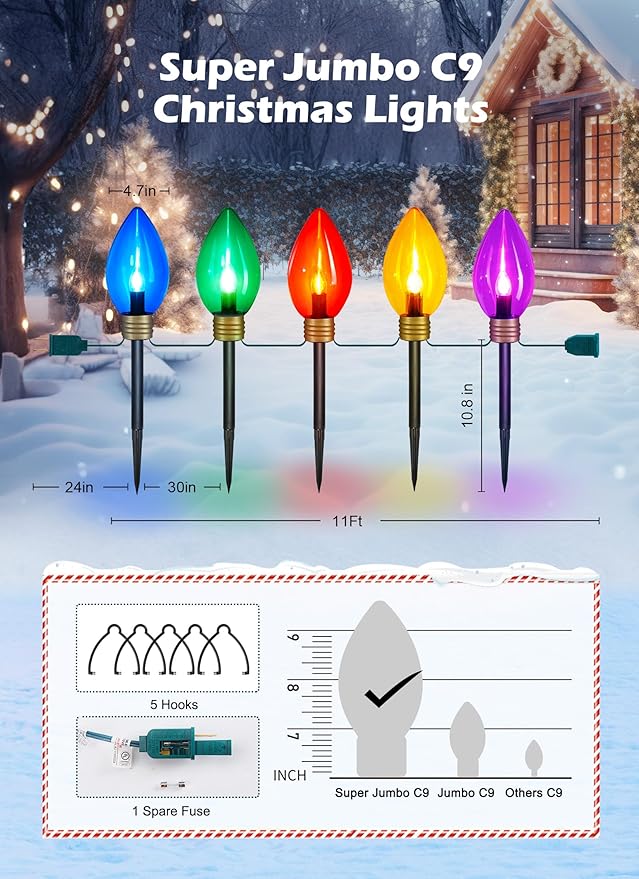 11Feet 5 LED Super Jumbo Christmas String Lights or Pathway Marker Lights, Outdoor Xmas Decorations- Jumbo C9 Hanging Lights Waterproof Lawn Dec for Holiday Home Tree Roof Yard Garden, Multicolor-BloomoryGarden