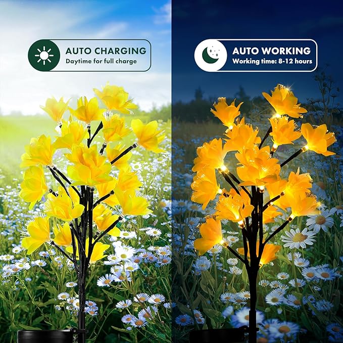 MAGGIFT Solar Lights Outdoor Garden Decorative Flowers, Waterproof Solar Garden Lights with 20 Yellow Lily Flowers,LED Solar Powered Landscape Lights for Yard Garden Patio (Yellow, 4Pack)-BloomoryGarden