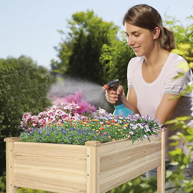 LZRS Raised Garden Bed Outdoor Planter Box with Legs for Herbs, Vegetables, Flowers, Great for Outdoor Patio, Yard and Deck, 220lb Capacity, Natural-BloomoryGarden