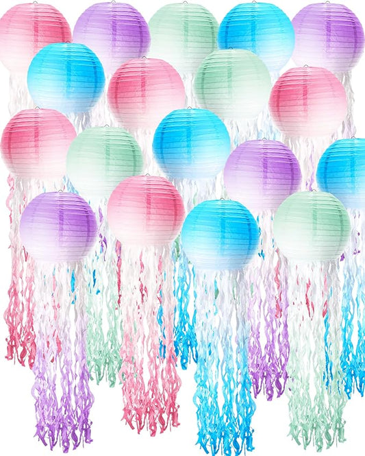 18 Pcs Jellyfish Paper Lanterns Mermaid Birthday Decorations Hanging Lantern Lamps for Ocean Theme Decor Under The Sea Party Supplies(Gradient Color)-BloomoryGarden