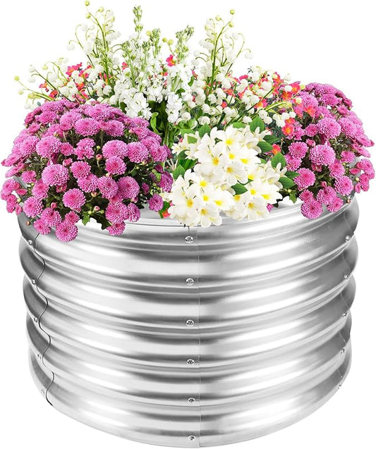 17" Tall Elevated Round Metal Rised Garden Bed- 2'x2' in Size and 0.8MM Thick Durable Planter Box for Vegetables Flowers Succulent at Patio/Garden Outdoor (Silver, 2FT Diameter)-BloomoryGarden