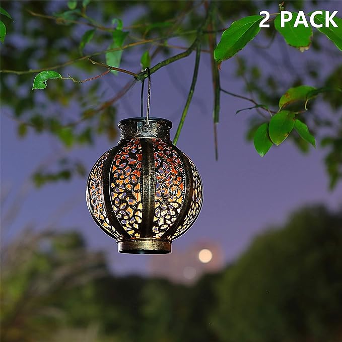 MAGGIFT 2 Pack Hanging Solar Lights,Outdoor Ramadan Solar Lanterns Decorations,Waterproof Hanging Solar Light 6 Lumens,Brown-BloomoryGarden