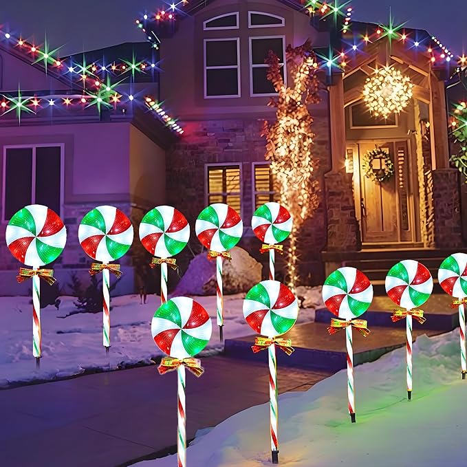 10 Packs Christmas Pathway Lollipop Lights with Bow Tie Solar Powered Outdoor Waterproof Xmas Candy Cane Path Landscape Decorative Stake Lights 2 Solar Panel + 10 Lights-BloomoryGarden