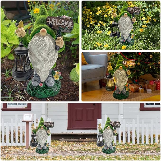 Lovinland Garden Gnome Statue Outdoor Decor Large Flocked Resin Gnome Figurine with Solar Light Holding Lantern Welcome Sign Garden Yard Decorations Dwarf Sculpture for Outside Patio Porch Lawn Decor-BloomoryGarden