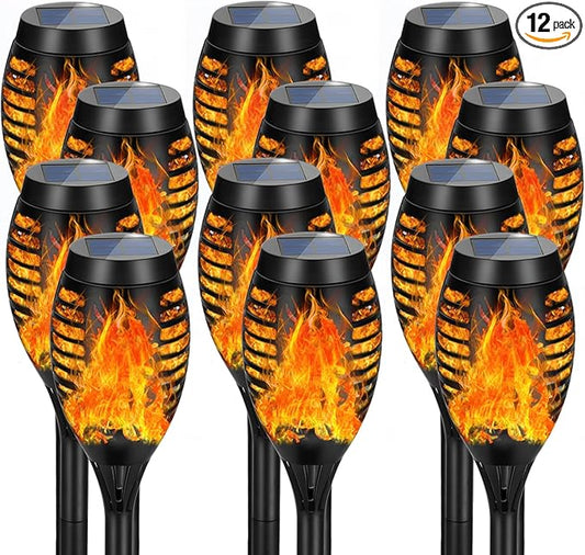 12Pack Solar Torch Lights with Flickering Flame Upgraded, Security&Waterproof Solar Lights Outdoor Landscape Decoration, Mini Solar Tiki Torches for Yard,Garden,Patio, Pathway Decor-Auto On/Off-BloomoryGarden