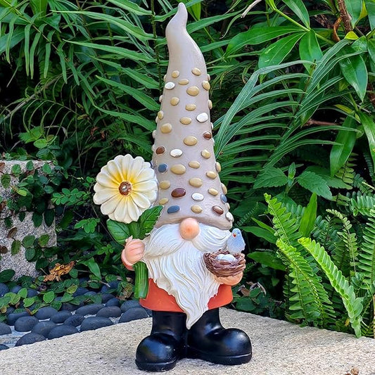 12 Inch Solar Garden Gnome Statue Clearance with Sunflower and Bird's Nest Light – Outdoor High Hat Gnome Sculpture Outdoor Statue for Patio and Garden Decor – Figurine Gift for Gnome Lovers-BloomoryGarden
