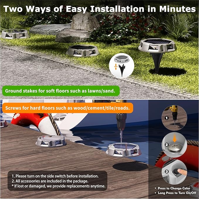 12Pack Aluminum Alloy Solar Driveway Lights, IP68 Solar Deck Light Marine Dock Lights Outdoor Waterproof, Multi-color LED Driveway Markers for Walkway, Path Decor [12Modes - Strobe/RGB/Fix-color]-BloomoryGarden