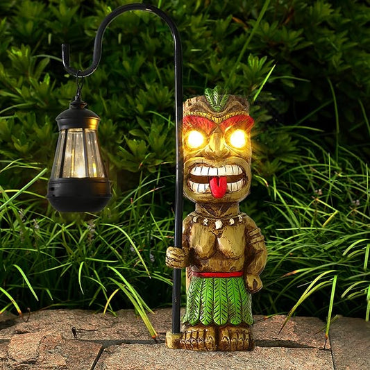 16.7" H Tiki Decor Garden Statue,Large Lantern Tiki Figurine with Solar Lights,Hawaiian Tiki Man Outdoor Patio Yard Lawn Bar Party Beach Pool Pond Halloween Christmas Decoration Ornament Gifts-BloomoryGarden