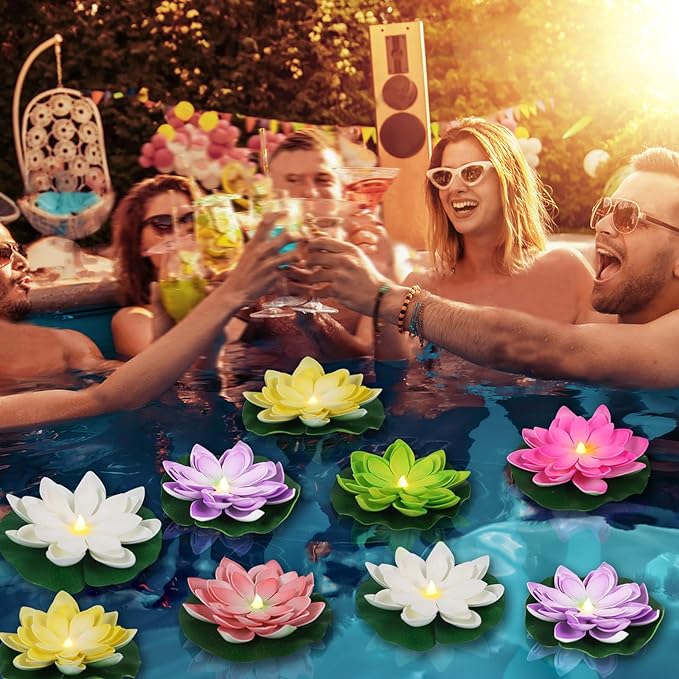 12 PCS Waterproof Floating Lotus Light - Diwali 5 Inch Floating Flower Light Battery Operated Water Activated Warm White Light Pool Flower Lamp Wedding,Anniversary,Garden Decoration(Mix-Color)-BloomoryGarden