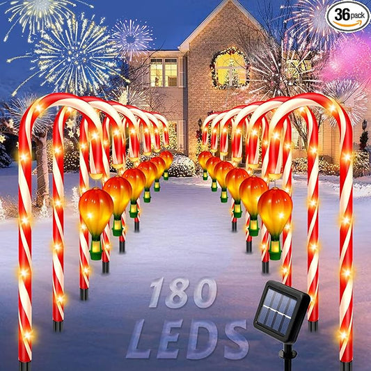 12 Pack Outdoor Solar Christmas Decorations, 180 Bright LED Solar Candy Cane Christmas Lights 8 Lighting Modes, Waterproof Outside Xmas Decorations with Lantern Decor Lights for Pathway Yard Garden-BloomoryGarden