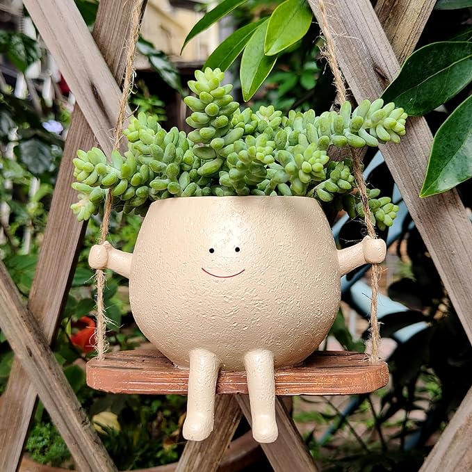 HUNTHAWK Swing Face Planter Pot Hanging Resin Flower Head Planters for Indoor and Outdoor Plants, Succulent Pots for String of Pearls Plant - Ideal Gifts for Mother's Day and Christmas