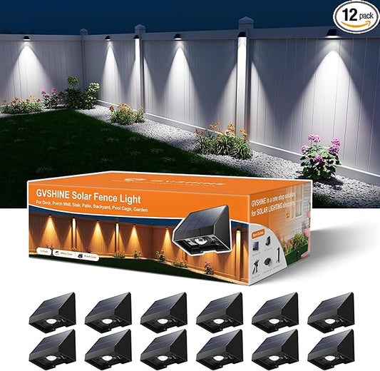 12 Pack Decorative Solar Powered Fence Lights Outdoor Waterproof with Cool White LED Spot Lens, for Outside Wall, Deck, Patio, Yard, Rail, Garage, Pool, Designed for Enhanced Security, Easy Install-BloomoryGarden