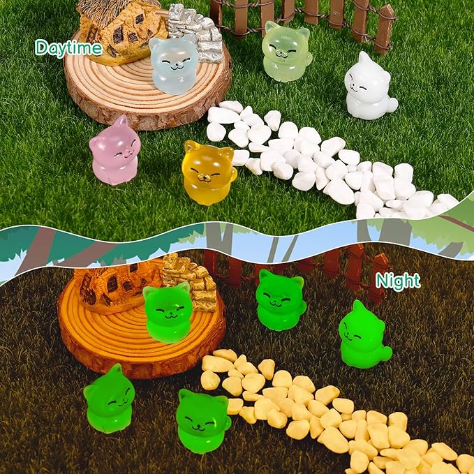 100 Pcs Luminous Mini Cat Figurines Resin Tiny Cat Animal Figurines Glow in The Dark Miniature Cat Statues Ornaments for DIY Cake Decoration Ornaments Crafts Moss Landscape Decoration-BloomoryGarden