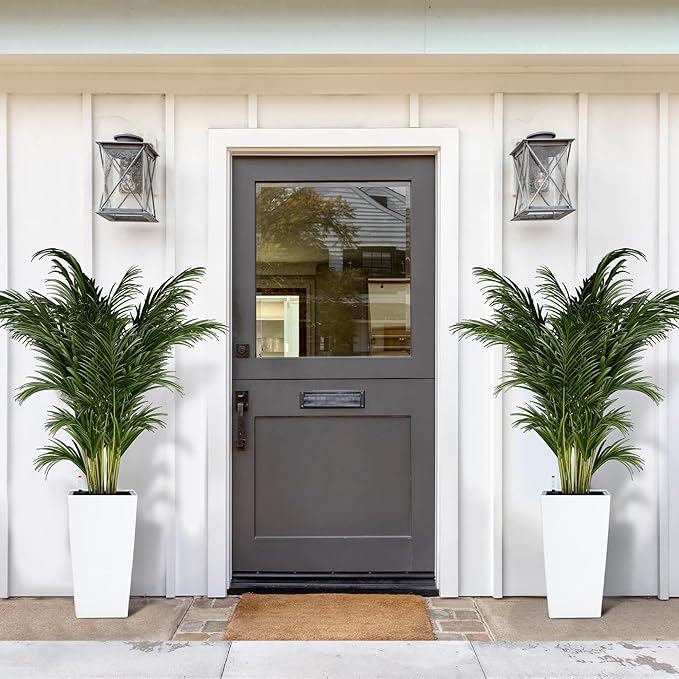 16" Tall Planters Set of 2, Outdoor＆Indoor Black Planter Pots, High Front Porch Planter Pots with Drainage Holes＆Water Level Monitor＆Inner Bucket, Automatic Watering,White-BloomoryGarden