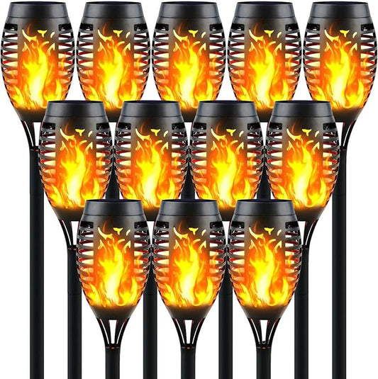 12-Pack Solar Torch Lights with Flickering Flame - 12LED Mini Fire Effect Solar-Powered Tiki Torches, Waterproof Outdoor Lighting with Auto On/Off, Perfect for Garden, Patio & Pathway Decor-BloomoryGarden