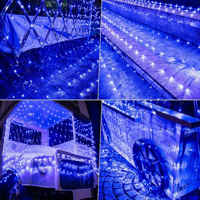 Lomotech 12ft x 5ft 360 LED Christmas Net Lights, 8 Modes Waterproof With Timer Low Voltage Connectable Mesh Lights for Trees, Bushes, Shurb, Garden, Outdoor Decoration(Green Wire, Blue)-BloomoryGarden