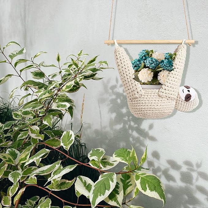Macrame Plant Hanger Crochet Sloth Hanging Planter Sloth Gifts,5 Inch Animal Wall Hanging Plant Holder for Plant Sloth Lovers, Home Decor Indoor Outdoor Plants Succulent Gifts-BloomoryGarden