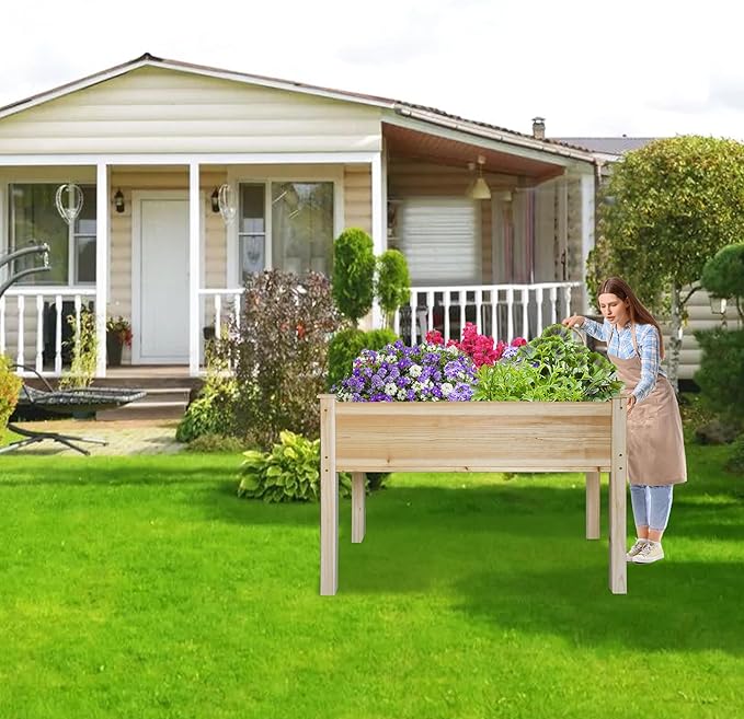 LZRS Raised Garden Bed Outdoor Planter Box with Legs for Herbs, Vegetables, Flowers, Great for Outdoor Patio, Yard and Deck, 220lb Capacity, Natural-BloomoryGarden