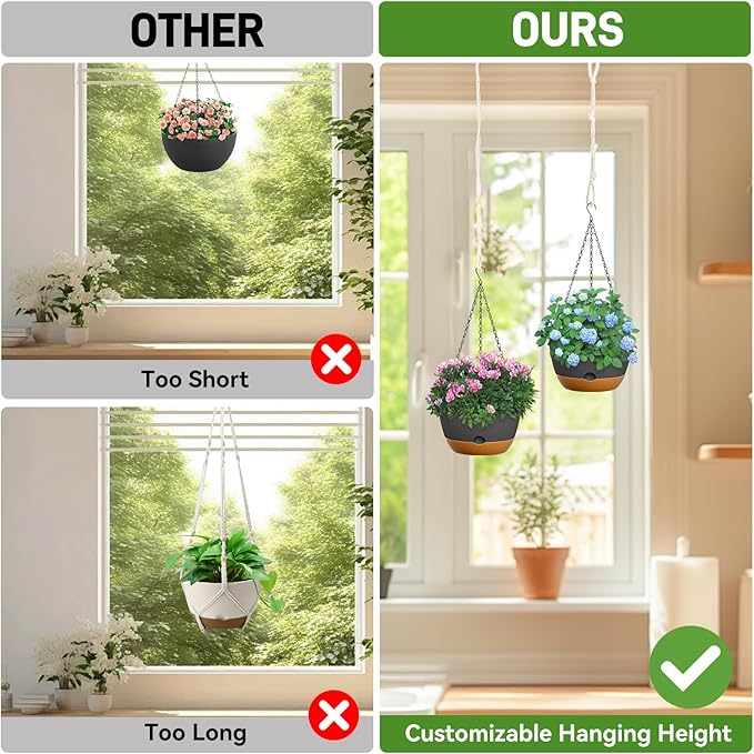 10 Inch Hanging Planters for Indoor & Outdoor Plants (2 Pack) - Self-Watering & Drainage Flower Pots with 2 Kinds of Plant Hangers for Home Decor & Garden (Deep Gray, 10 in)-BloomoryGarden