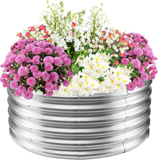 17" Tall Elevated Round Metal Rised Garden Bed- 3.3'x3.3' in Size and 0.8MM Thick Durable Planter Box for Vegetables Flowers Succulent at Patio/Garden Outdoor (Silver, 3.3FT Diameter)-BloomoryGarden