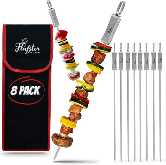 "FLAFSTER KITCHEN BBQ Skewers for Grilling - 16" Stainless Steel Flat Kebab Sticks with Push Bar, Reusable Metal Shish Kabob Skewers, Set of 6"-BloomoryGarden